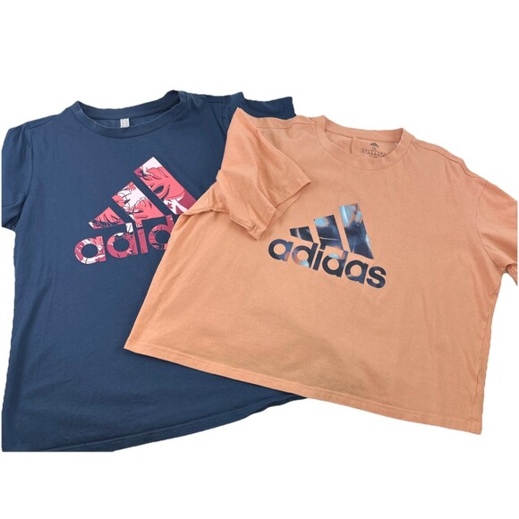 Adidas Womens Active Tees Lot Of 2 Blush Crop Logo Blue Palm Short Sleeves 1X - Picture 1 of 13